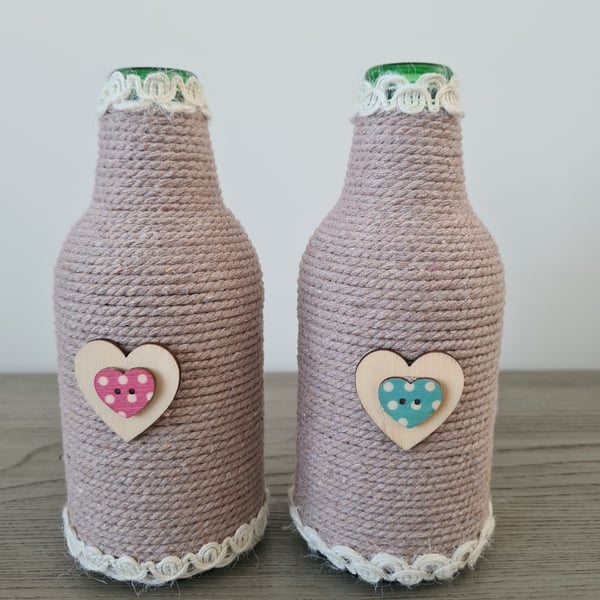 Set Of 2 Neutral Rope Wrapped Bottles-Heart Detail-Rustic Home Decor