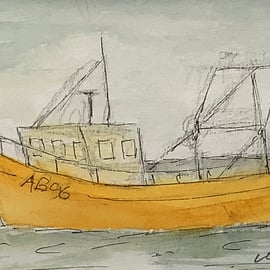 Fishing boat III - miniature original watercolour, pen, ink.