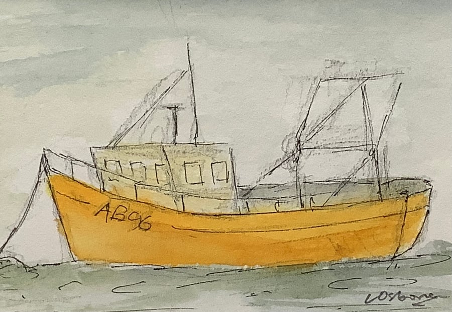 Fishing boat III - miniature original watercolour, pen and ink.