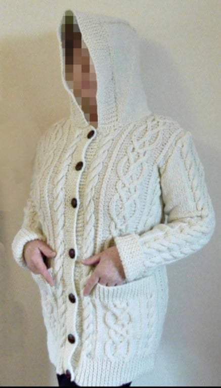 Made To Order Hand Knitted, Aran Shetland Wool, Longer Length Hooded Jacket,