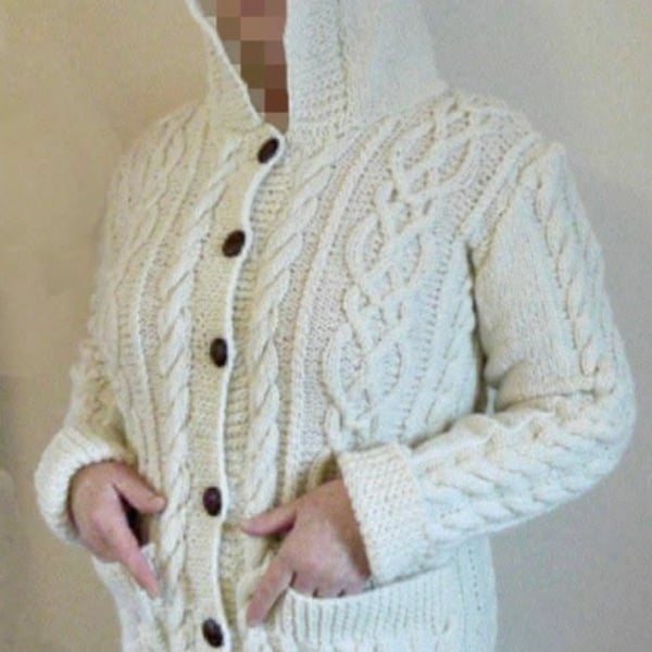 Made To Order Hand Knitted, Aran Shetland Wool, Longer Length Hooded Jacket,