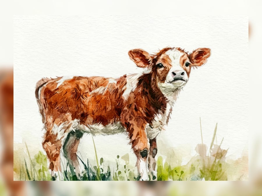 Calf Watercolor Farm Animal Painting 5"x7" Matte Print 