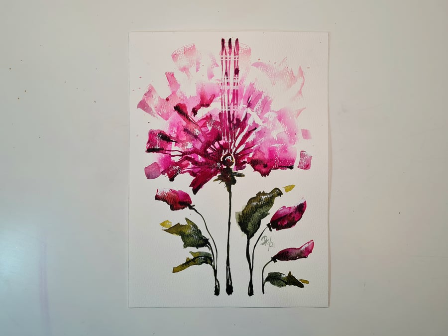 Original Watercolour Painting, Semi-Abstract Pink Flower Artwork, Wall Art