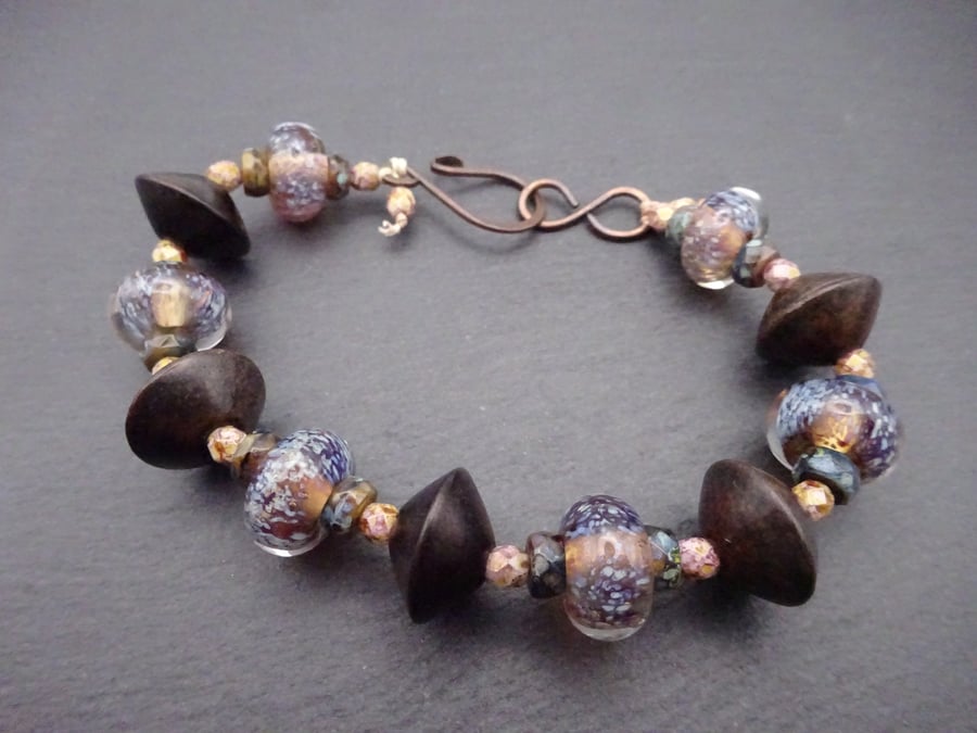 brown lampwork glass bracelet, wood and copper