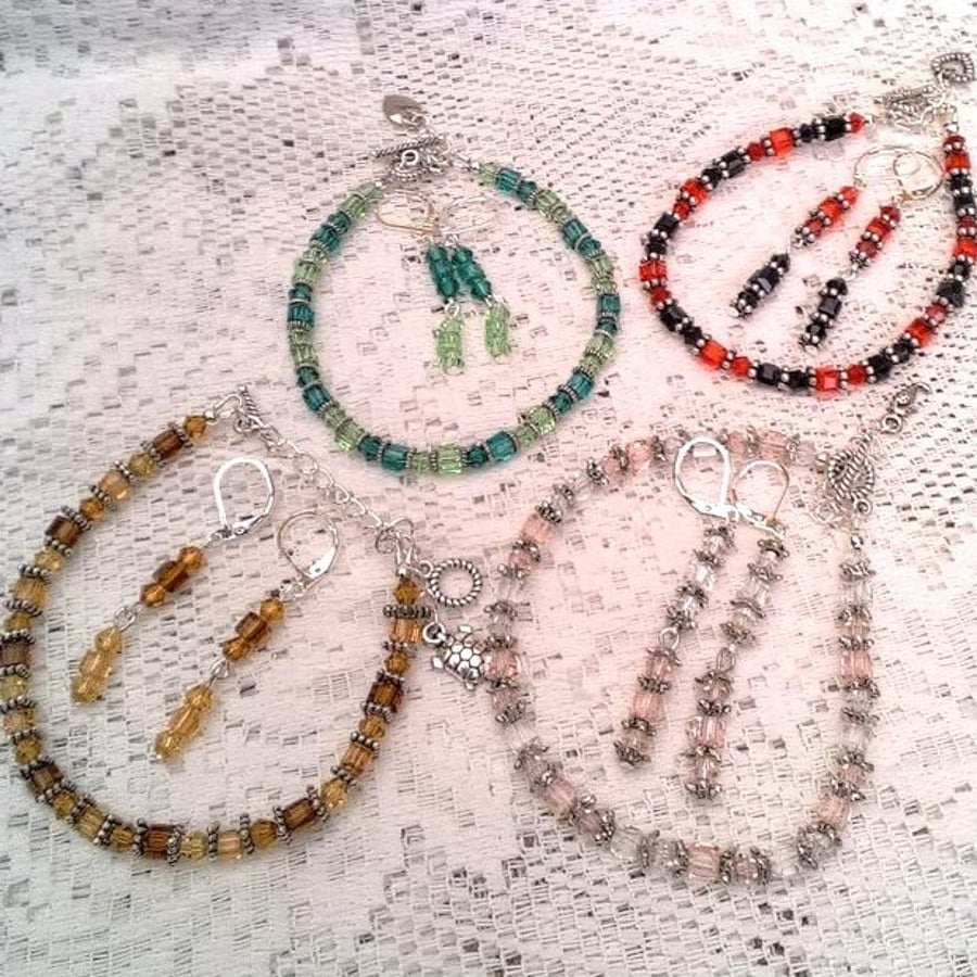 Crystal Cubes and Rounds Bracelet and Earrings Set, Christmas Gift, Gift for Her