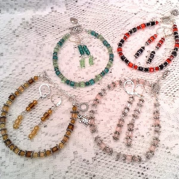 Crystal Cubes and Rounds Bracelet and Earrings Set, Christmas Gift, Gift for Her