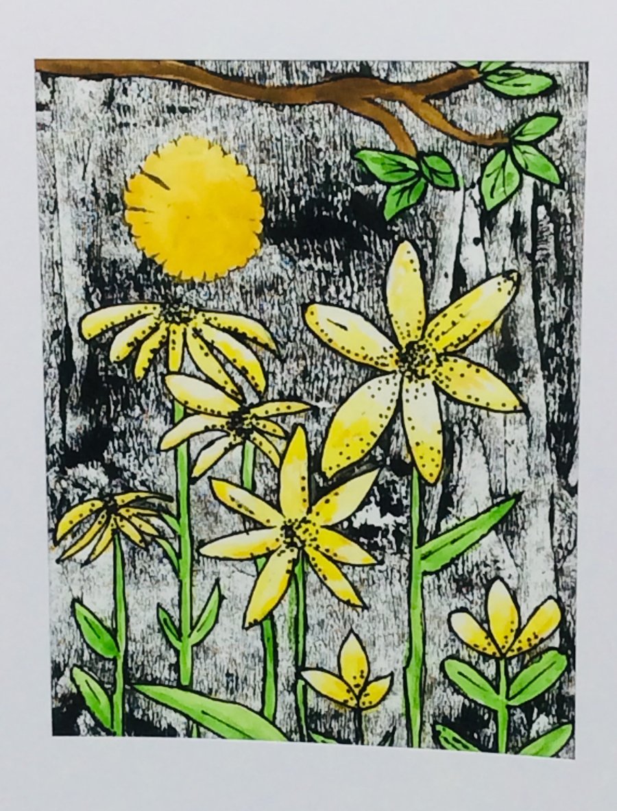 Card, printed and painted original art, yellow flowers
