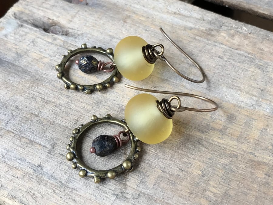 Bohemian Yellow & Black Earrings. Rustic Hoop Earrings. Lightweight Earrings