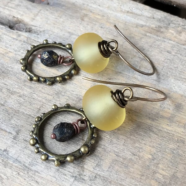 Bohemian Yellow & Black Earrings. Rustic Hoop Earrings. Lightweight Earrings