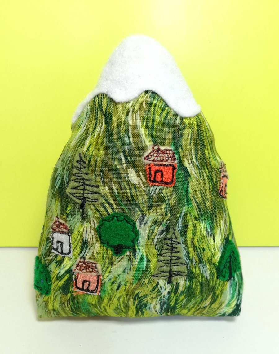 Welsh Hill with Snow. Textile Art Mountain, Landscape with Cottages & Trees