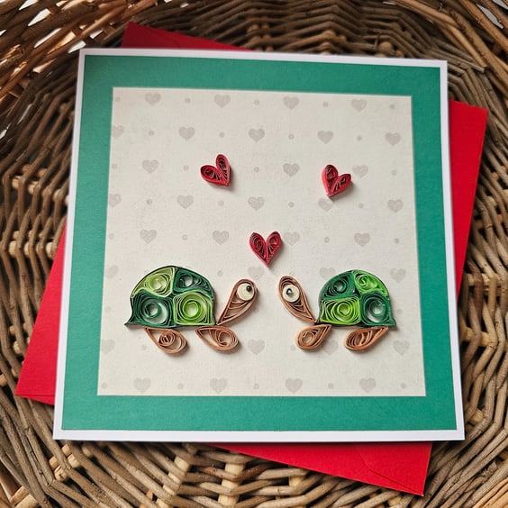 Unique Little Quilled Tortoises Love Card, Blank Card, Valentine Size 5" x 5"