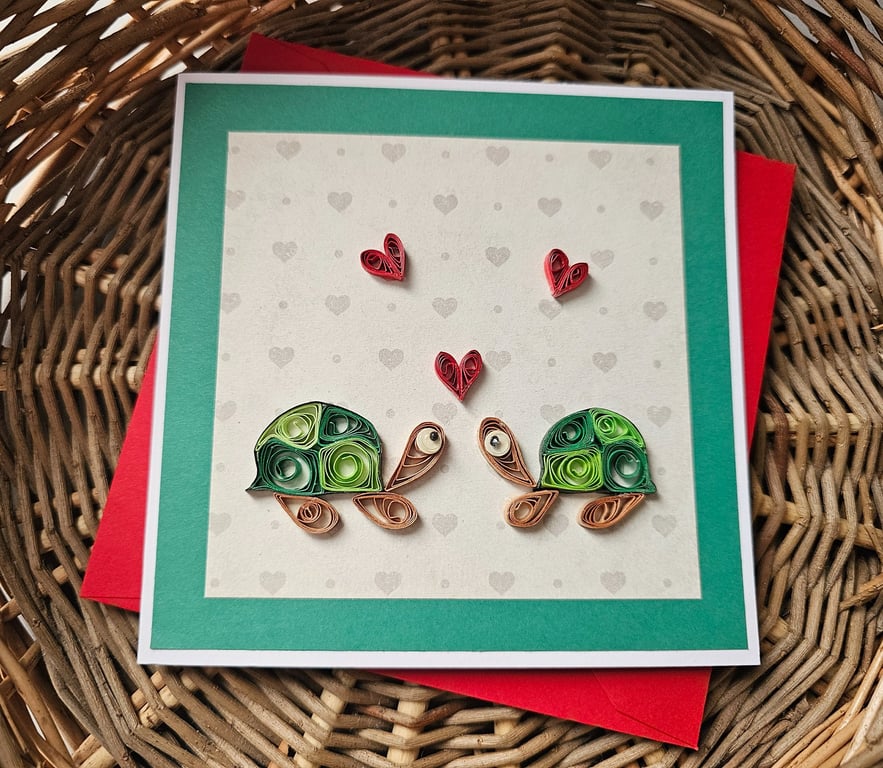 Unique Little Quilled Tortoises Love Card, Blank Card, Valentine Size 5" x 5"