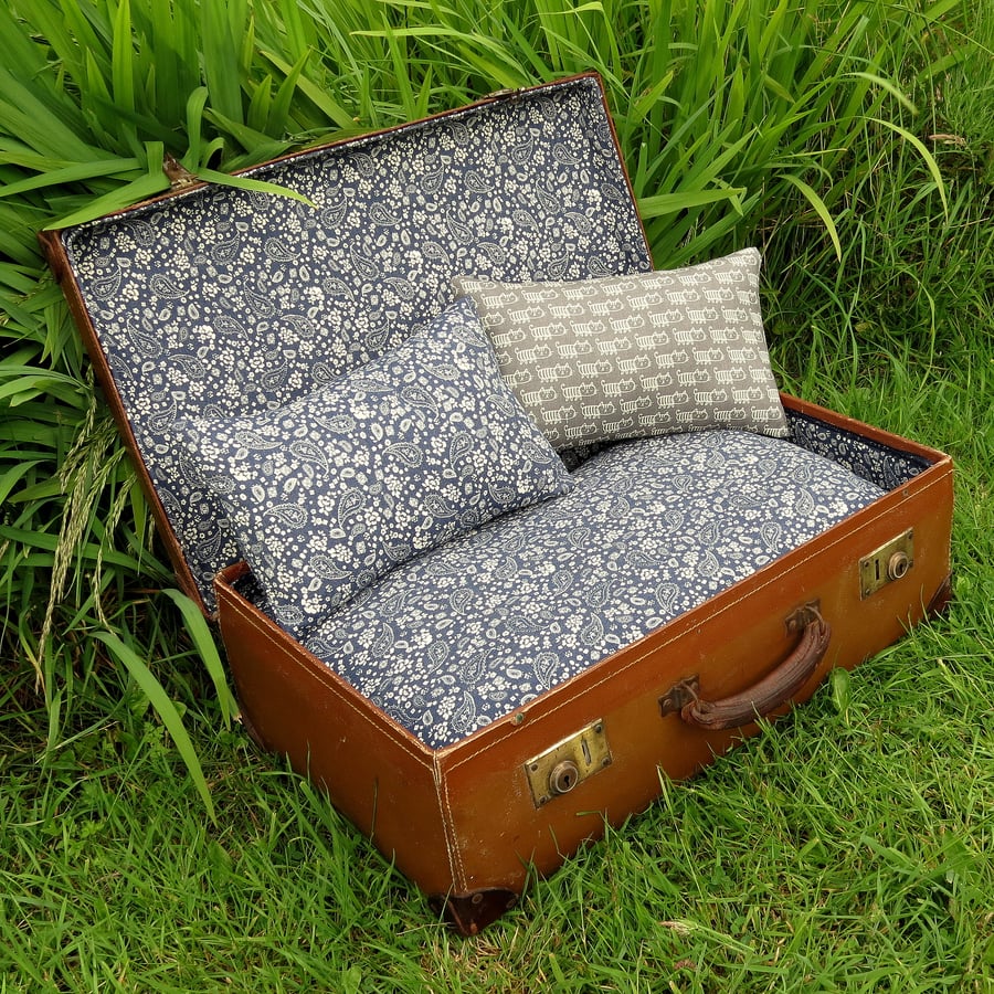 A quirky pet bed, made from a vintage 1940s suitcase. Cat bed. Small dog bed. 
