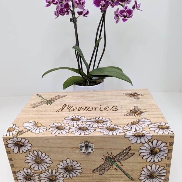 Wooden memory box, keepsake box, pyrography dragonflies, daisies and bees