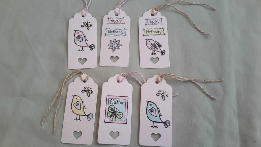 Pack of 6 hand printed and coloured gift tags, birthday tags, general, friend