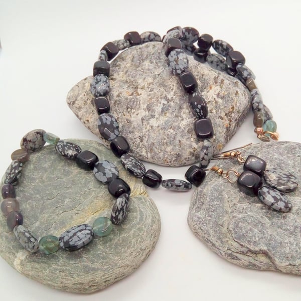 Snowflake Obsidian 3 Piece Jewellery Set, Gemstone Jewellery, Gift for Her