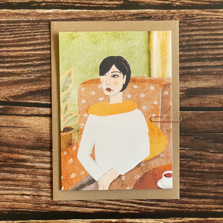 Woman in Armchair Greeting Card- Large A5 Portrait Card Frameable Mini Art Print