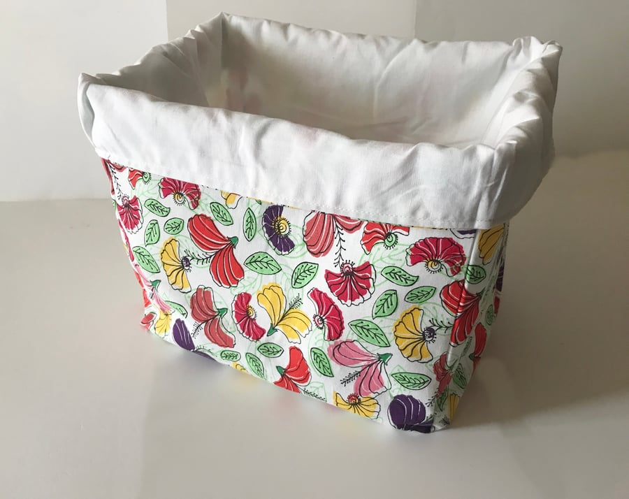 Fabric Storage Box White Floral Cotton Reusable Storage Caddy