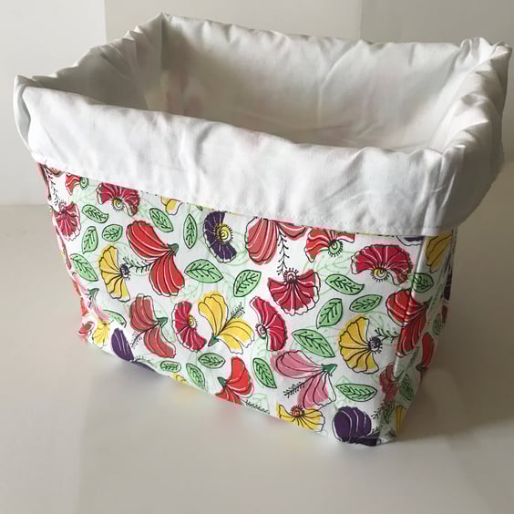 Fabric Storage Box White Floral Cotton Reusable Storage Caddy