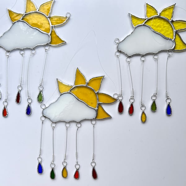 Stained Glass Sun and Rain Cloud Suncatcher - Handmade Hanging Window Decoration