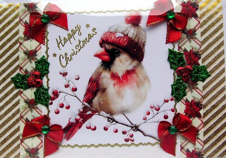 Image of Hand Crafted Decoupage Christmas Card - Happy Christmas (3361) Robin Wearing Hat