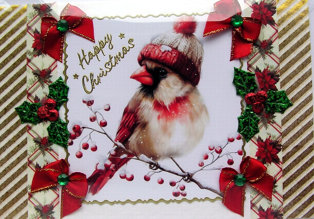 Hand Crafted Decoupage Chistmas Card - Happy Christmas (3361) Robin Wearing Hat
