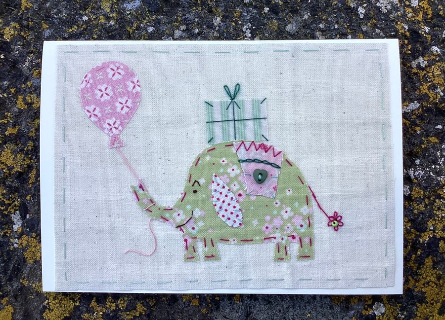 Eliza Elephant hand embroidered fabric card