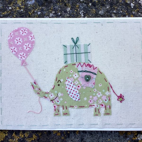 Eliza Elephant hand embroidered fabric card