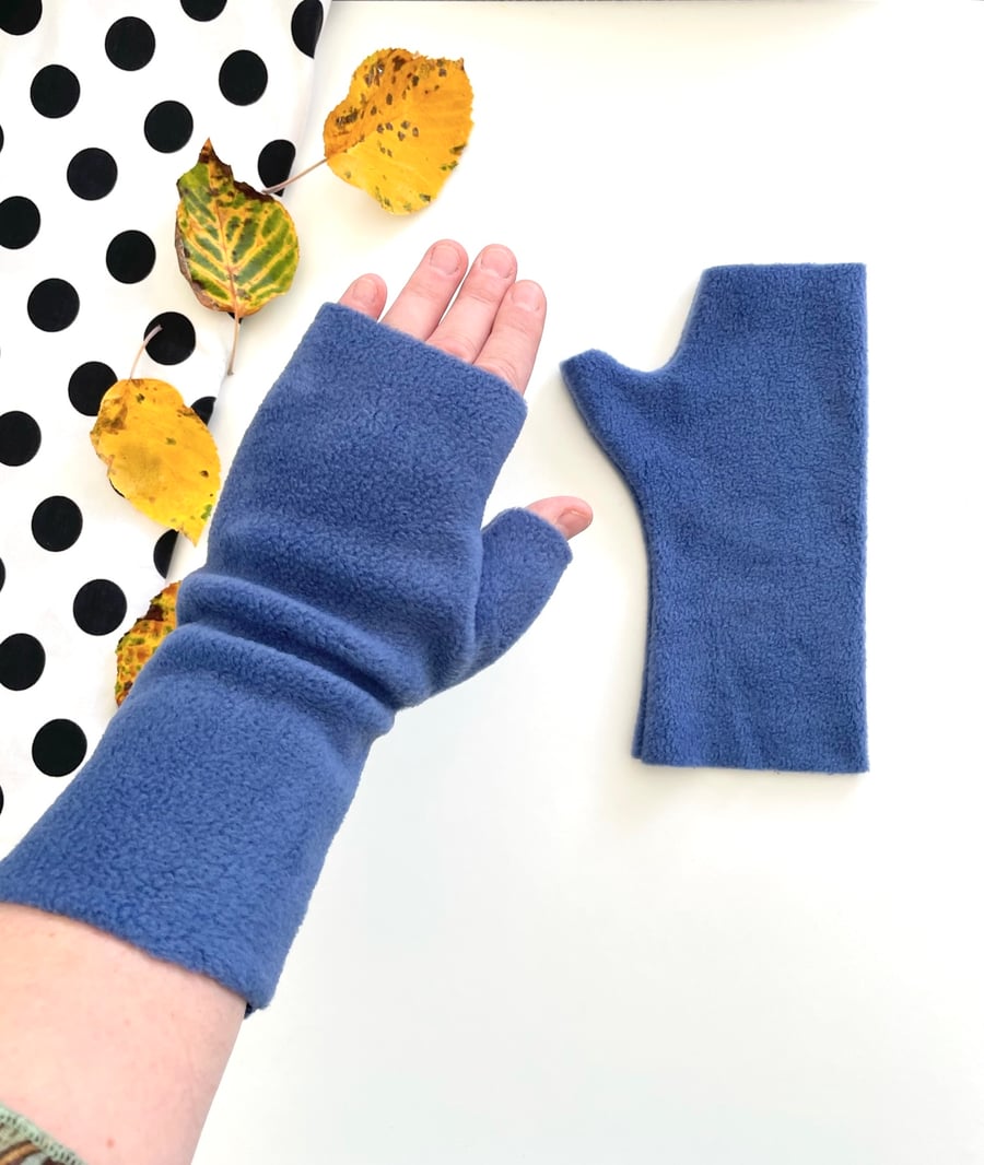 Fingerless denim blue fleece gloves for women Winter Arm Wrist Warmers 