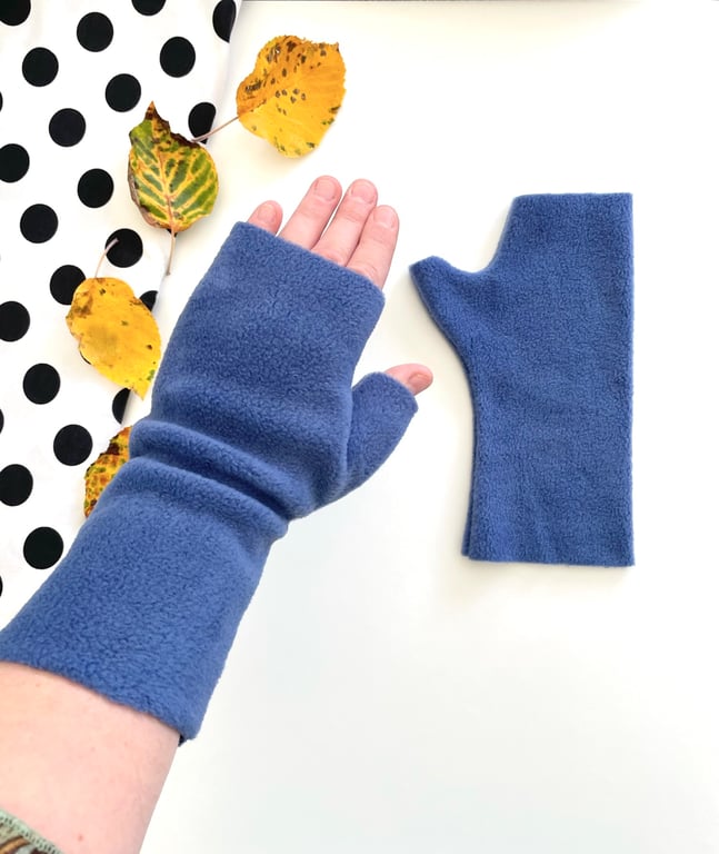 Fingerless denim blue fleece gloves for women Winter Arm Wrist Warmers 