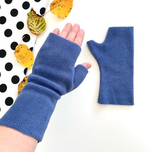 Fingerless denim blue fleece gloves for women Winter Arm Wrist Warmers 