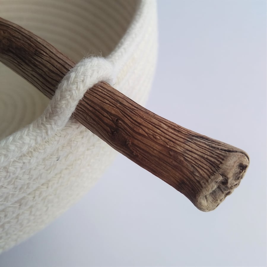 Small Newtown Bowl, handmade coiled cotton storage bowl with driftwood handle