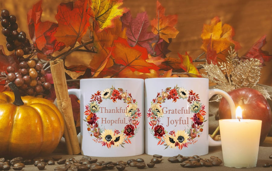 Autumn flowers, mug gift, thanks giving, Thankful Hopeful Grateful Joyful 