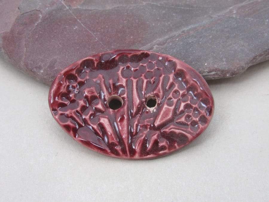 Large Rose Red Oval Seedhead Handmade Ceramic Button
