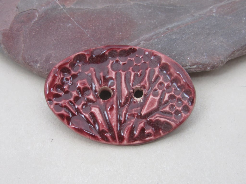 Large Rose Red Oval Seedhead Handmade Ceramic Button