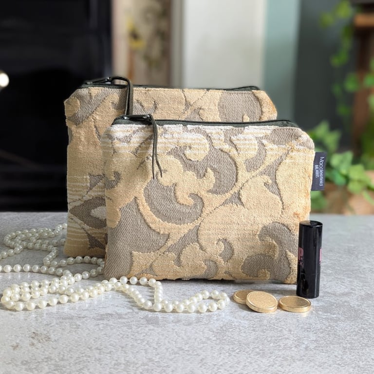 Toiletries Pouch Bag Set- Champagne Chenille Two Pouch Set with Silk Lining