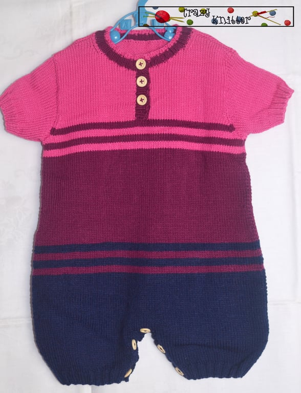 Hand Knitted Baby Overall Short Sleeved Striped Polyamide Acrylic 1-2 years