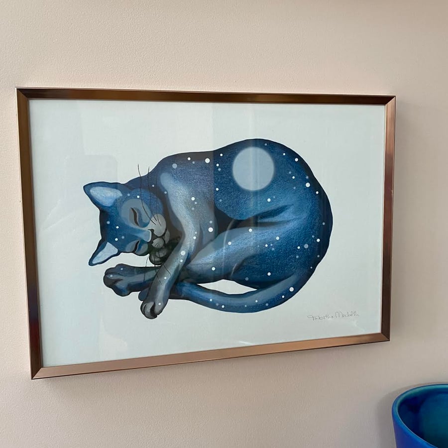 Cat Art Giclee Print - "Lunar Cat Dreaming"