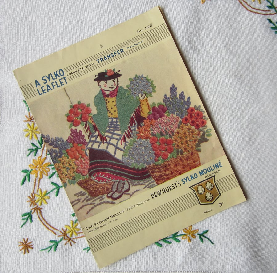 SALE Vintage Sylko Embroidery Transfer - The Flower Seller 