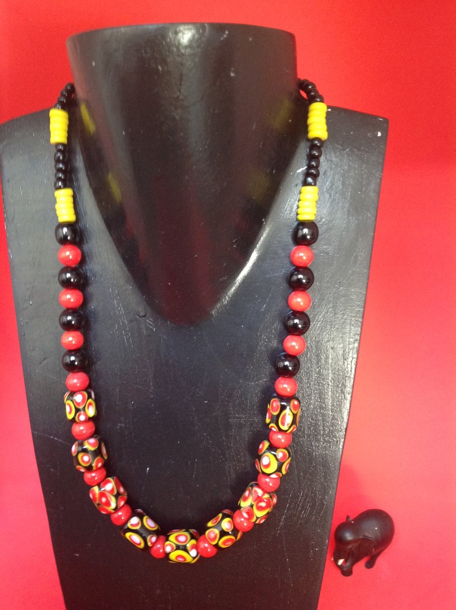 Chunky black, red and yellow African glass bead necklace 