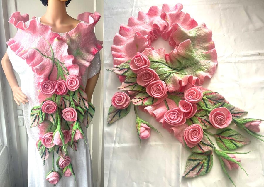 Image of Hand Felted, Wool felted soft ART SCARF  -PINK ROSES-