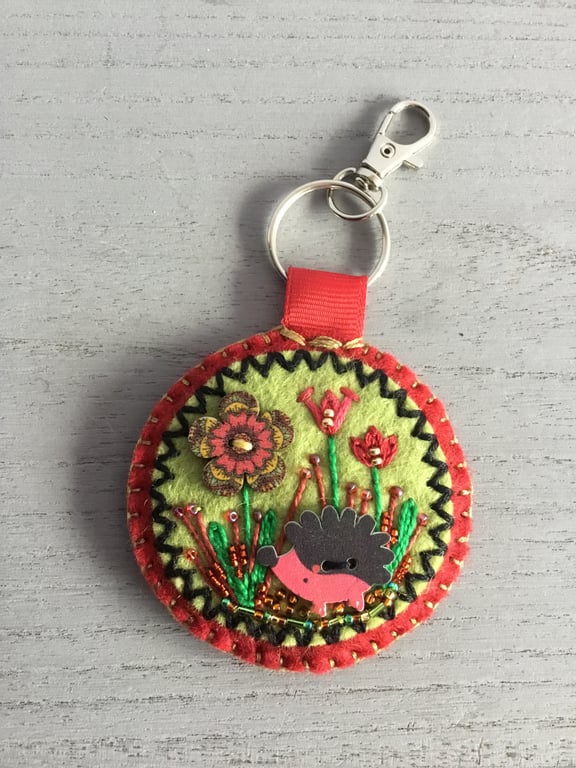 Hand Embroidered Garden Hedgehog Keyring or Bag Charm 
