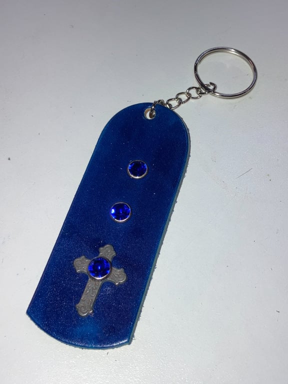 Blue dyed Leather Keyring on chain with 3 Blue Gemstones & Catholic Cross