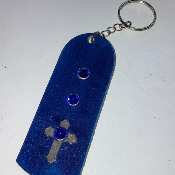Blue dyed Leather Keyring on chain with 3 Blue Gemstones & Catholic Cross