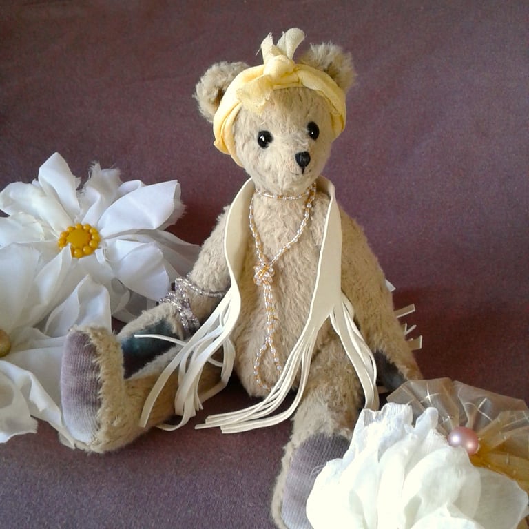 Collectable bear Luna 10 " jointed 'hippy character' with fringed waistcoat