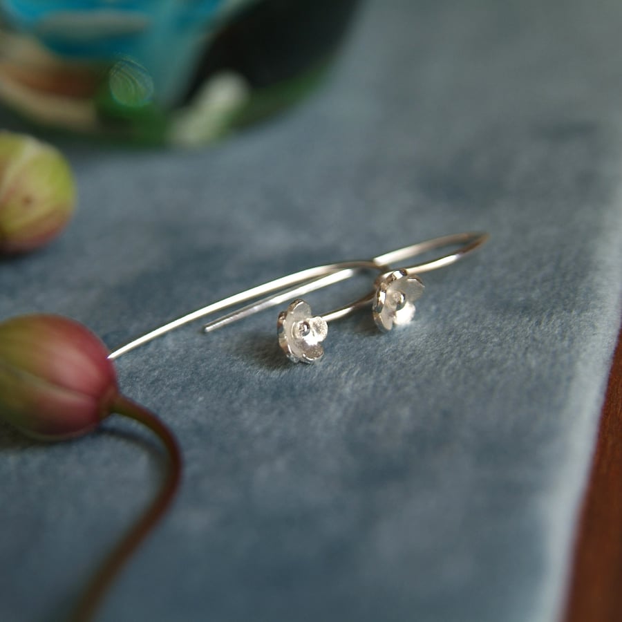 Forget-Me-Not Earrings, Silver Flower Stem Earrings