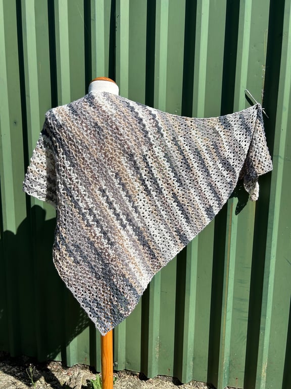 Asymmetrical Triangle Lace Crochet Wrap Shawl in Soft Neutral Tones Wool Blend