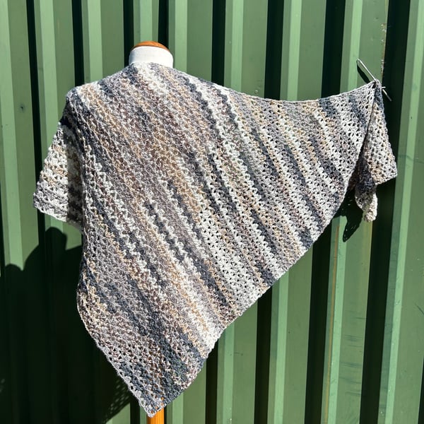 Asymmetrical Triangle Lace Crochet Wrap Shawl in Soft Neutral Tones Wool Blend