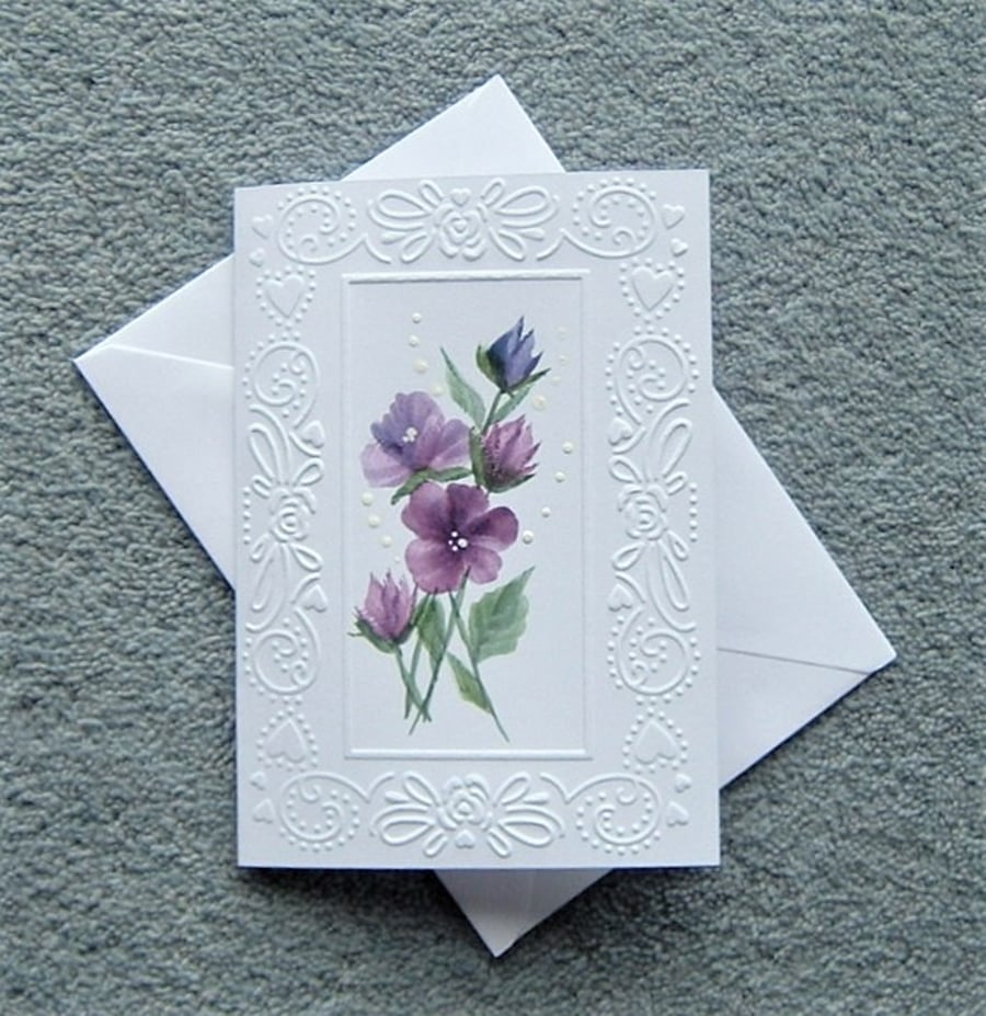 hand painted floral blank greetings card ( ref F 118)
