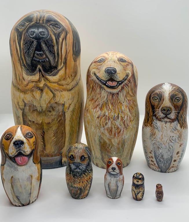 British Dogs - English mastiff, golden retriever, springer spaniel nesting dolls